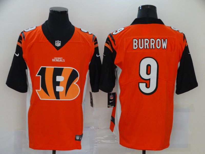 Men Cincinnati Bengals #9 Burrow Orange Nike Team logo fashion NFL Jersey